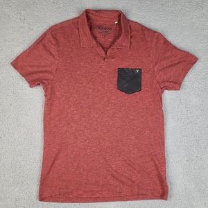 Guess Polo Shirt Mens Large Red Heathered Faux‎ Leather Pocket Collared V-Neck